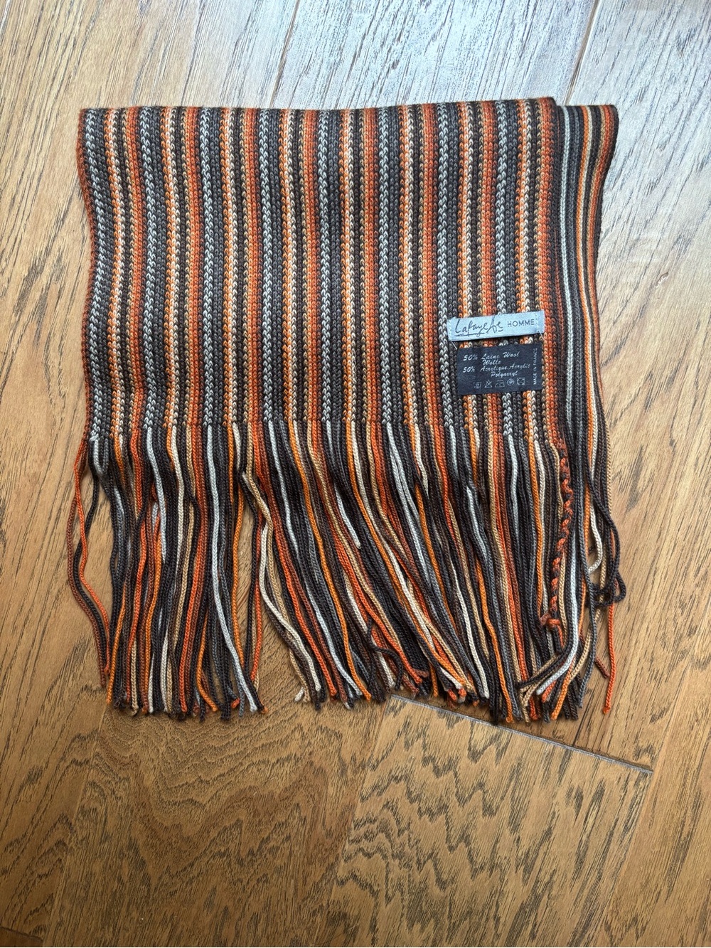 Lafayette Homme Striped Fringe Scarf in Orange, Brown, Cream. Made in France 🇫🇷